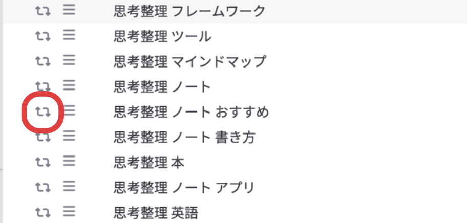 ラッコキーワードの左横にある『回る矢印マーク』を押すことで、その複合キーワードで掘り下げた一覧を見ることができます