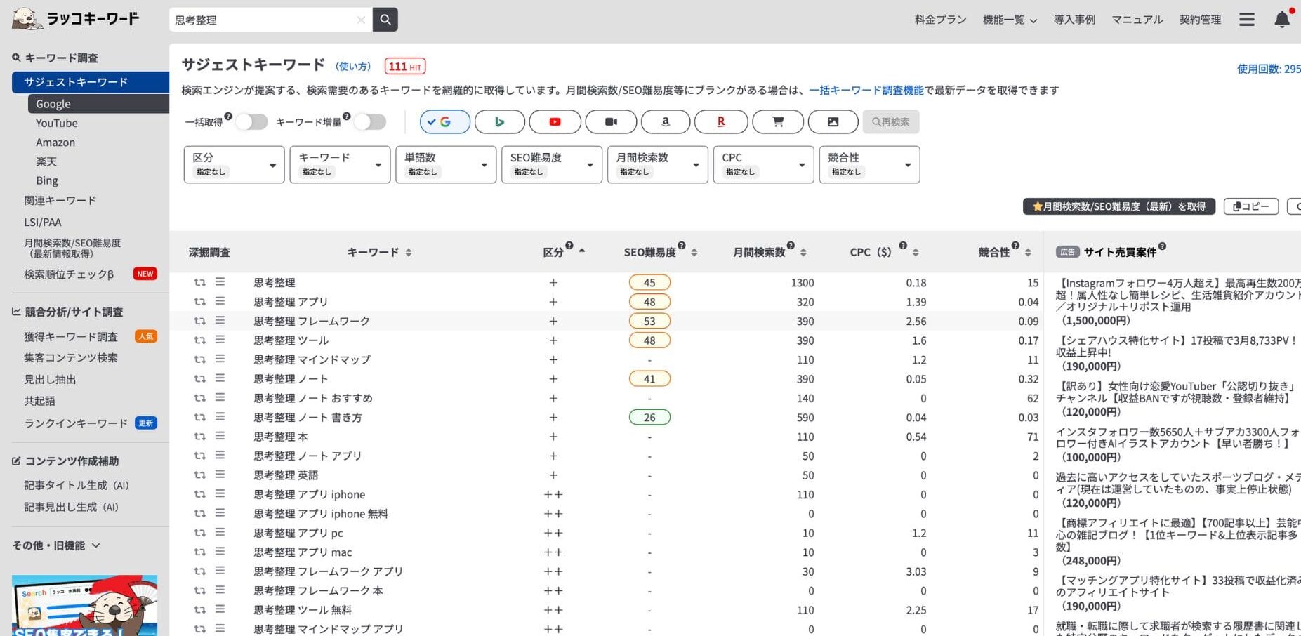 思考整理で検索したラッコキーワードの画面