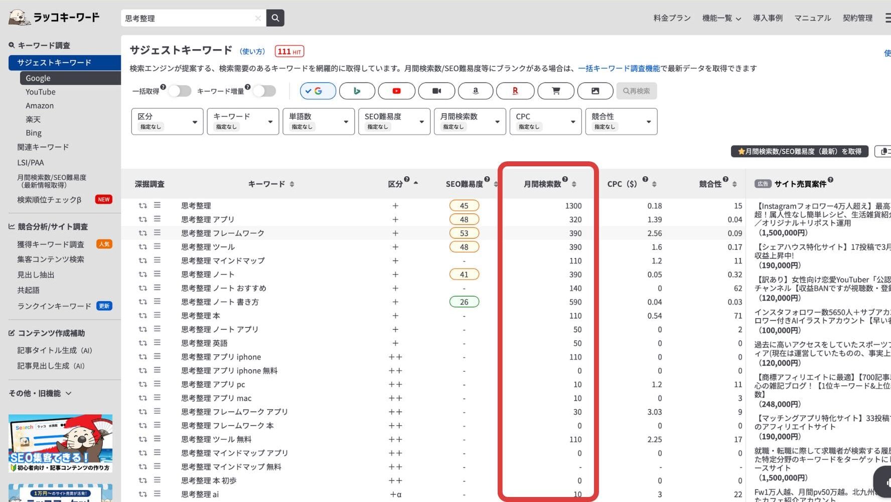 ラッコキーワードでの検索ボリューム（月間検索数）の見方